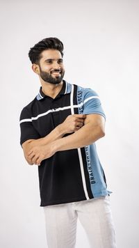 Blue And Black Striped Organic Cotton Polo Tee