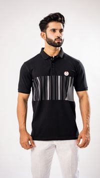 Black And Silver Striped Organic Cotton Polo Tee